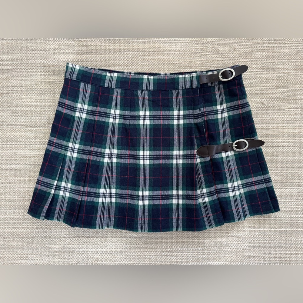 Brandy Melville blue green mini pleated plaid buckle adjustable skirt‎ women’s S